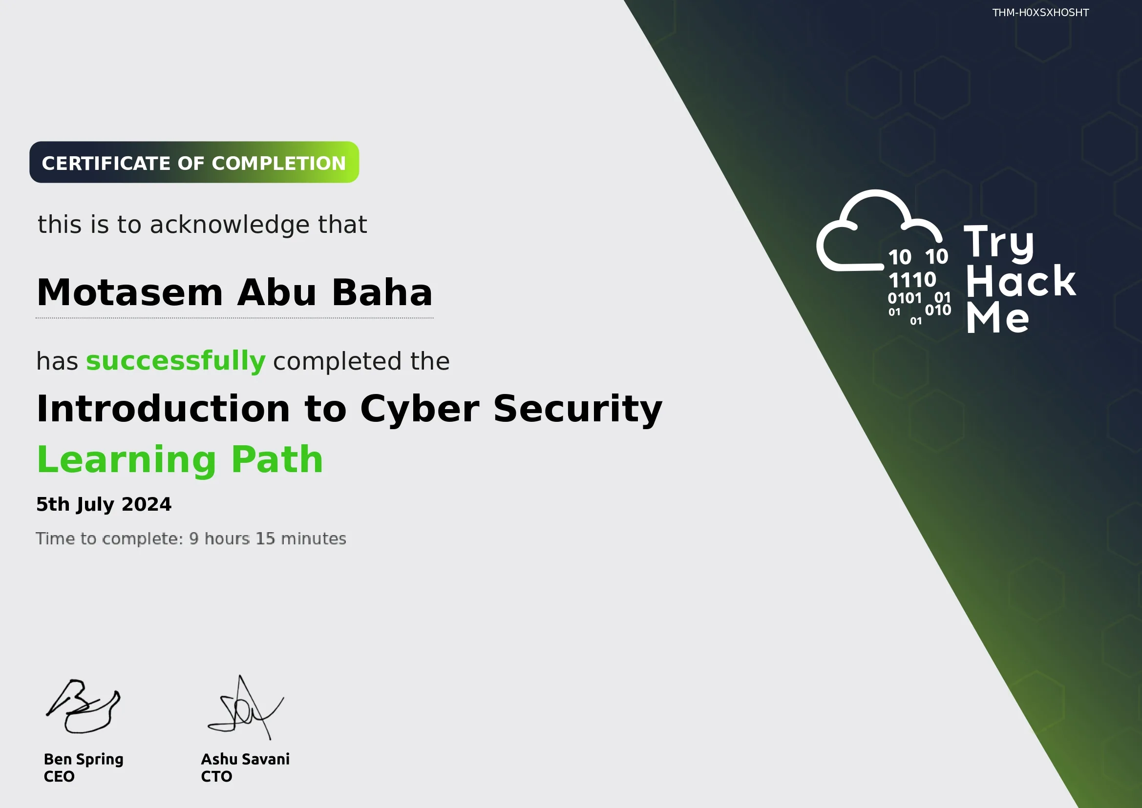 THM { Introduction To Cyber Security } certificate