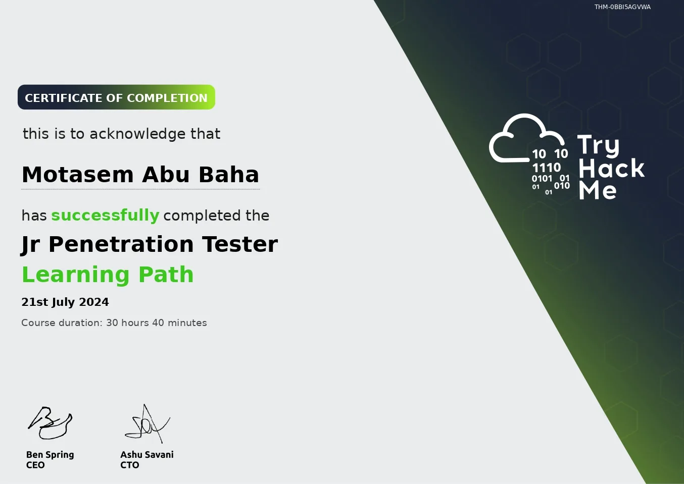 THM { Junior Penetration Tester } certificate