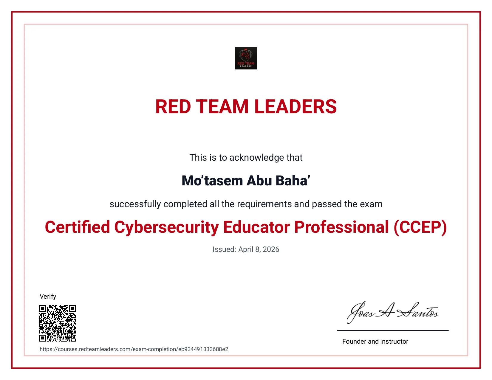 Certified Cybersecurity Educator Professional (CCEP) certificate